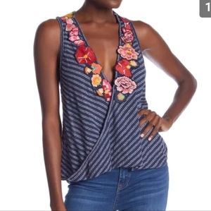 Free People Medium Frida navy with white stripes racerback floral patch tank top
